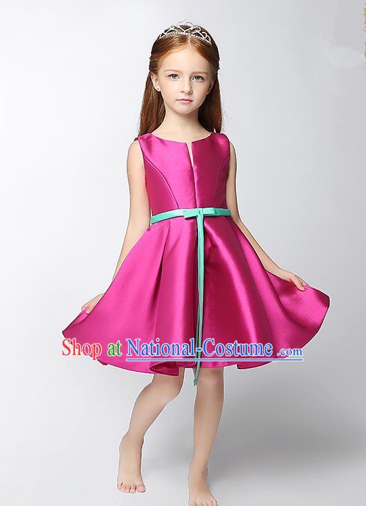 Children Modern Dance Costume Rosy Satin Short Dress, Ceremonial Occasions Model Show Princess Full Dress for Girls