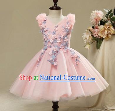 Children Modern Dance Costume Embroidery Pink Short Bubble Dress, Ceremonial Occasions Model Show Princess Veil Full Dress for Girls