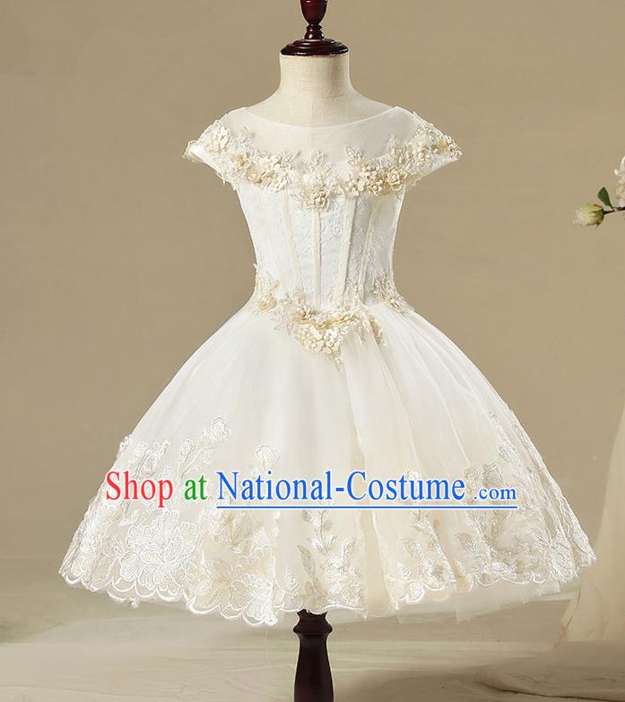 Children Modern Dance Costume Embroidery White Short Bubble Dress, Ceremonial Occasions Performance Princess Veil Full Dress for Girls