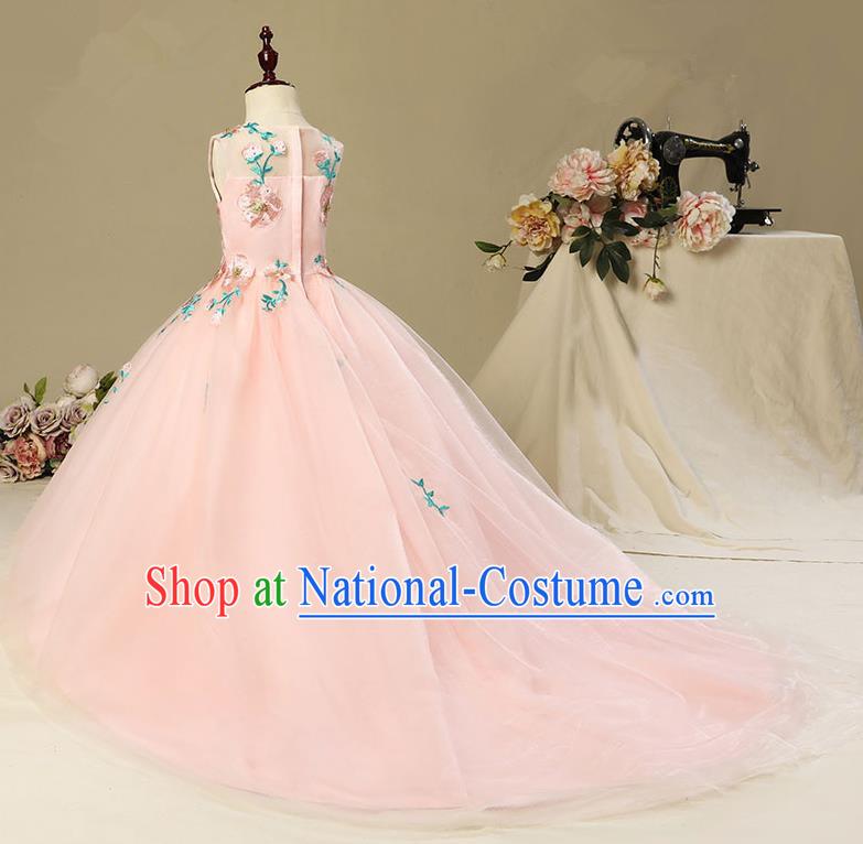 Children Model Show Dance Costume Embroidery Christmas Pink Trailing Dress, Ceremonial Occasions Catwalks Princess Full Dress for Girls