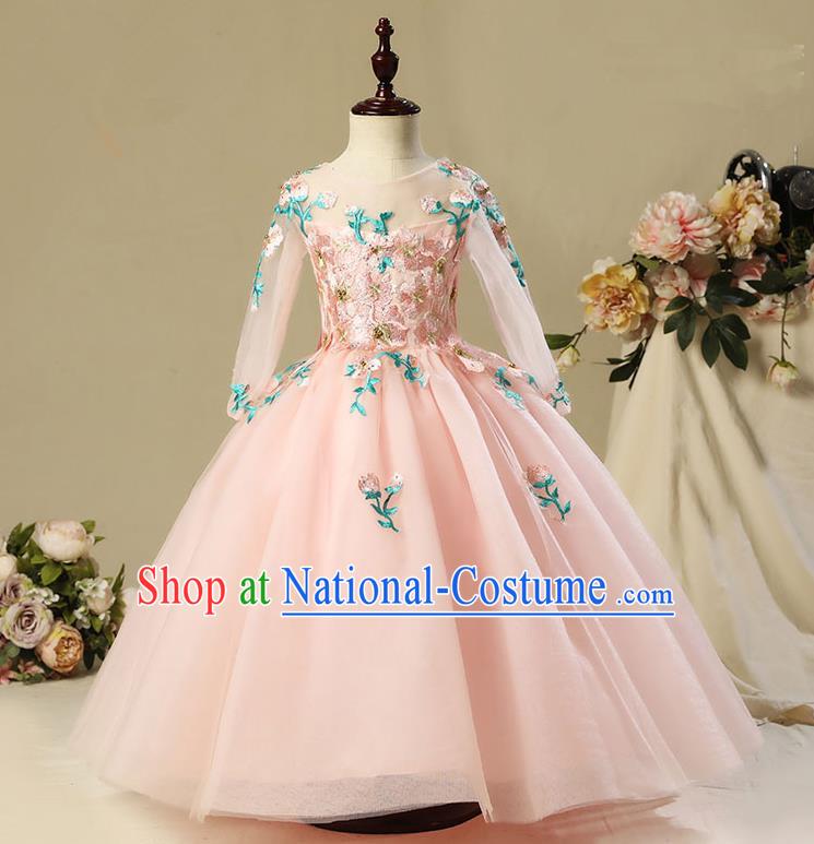 Children Model Show Dance Costume Embroidery Christmas Pink Long Sleeve Dress, Ceremonial Occasions Catwalks Princess Full Dress for Girls