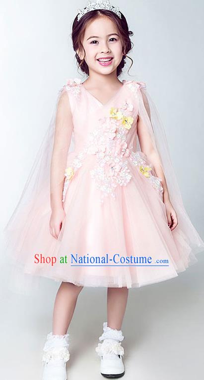 Children Model Show Dance Costume Embroidery Pink Bubble Dress, Ceremonial Occasions Catwalks Princess Short Full Dress for Girls