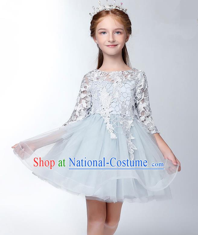 Children Model Show Dance Costume Embroidered Blue Lace Dress, Ceremonial Occasions Catwalks Princess Full Dress for Girls