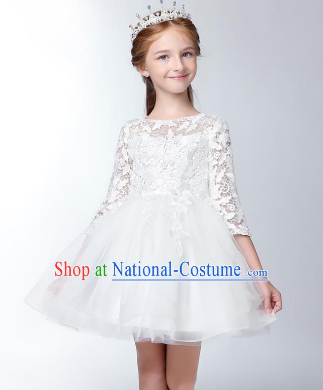 Children Model Show Dance Costume Embroidered White Lace Dress, Ceremonial Occasions Catwalks Princess Full Dress for Girls