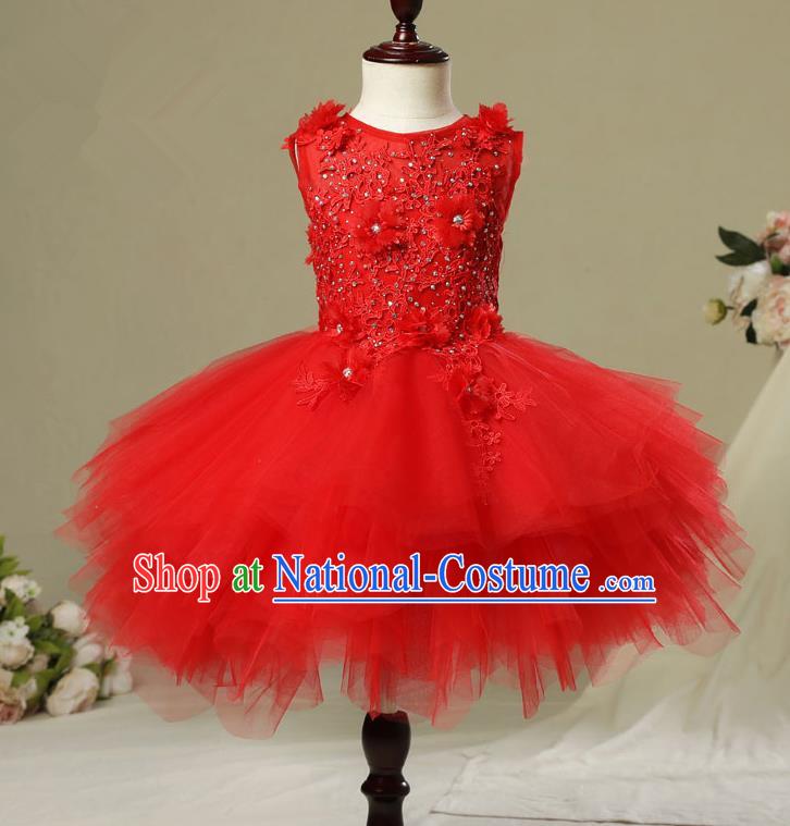 Children Christmas Model Show Dance Costume Red Veil Bubble Dress, Ceremonial Occasions Catwalks Princess Full Dress for Girls