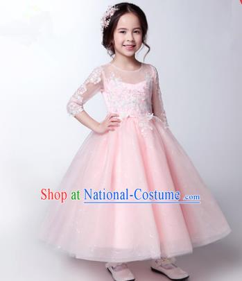 Children Christmas Model Show Dance Costume Pink Veil Dress, Ceremonial Occasions Catwalks Princess Full Dress for Girls