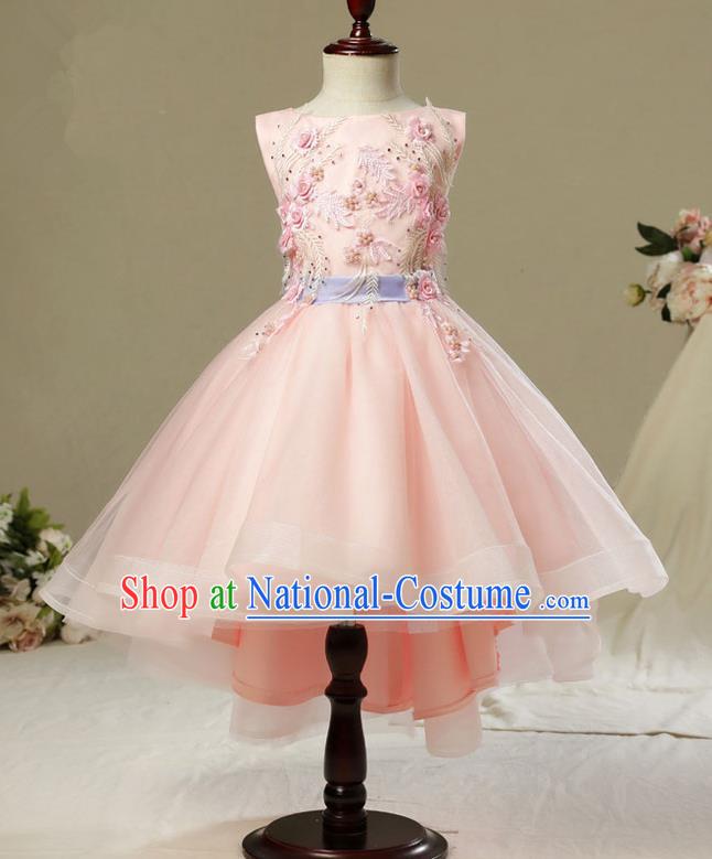 Children Model Show Dance Costume Pink Embroidered Bubble Dress, Ceremonial Occasions Catwalks Princess Full Dress for Girls