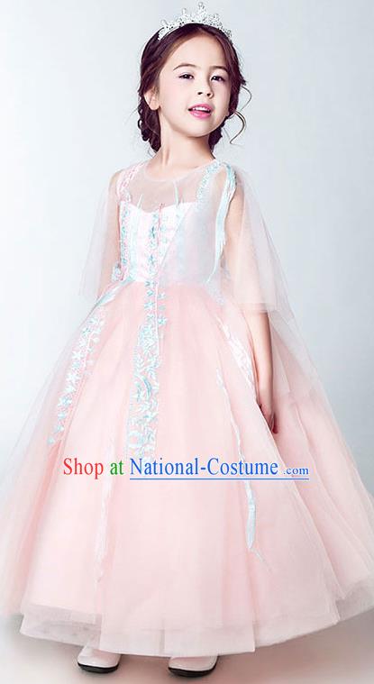 Children Christmas Model Show Dance Costume Embroidered Veil Pink Dress, Ceremonial Occasions Catwalks Princess Full Dress for Girls