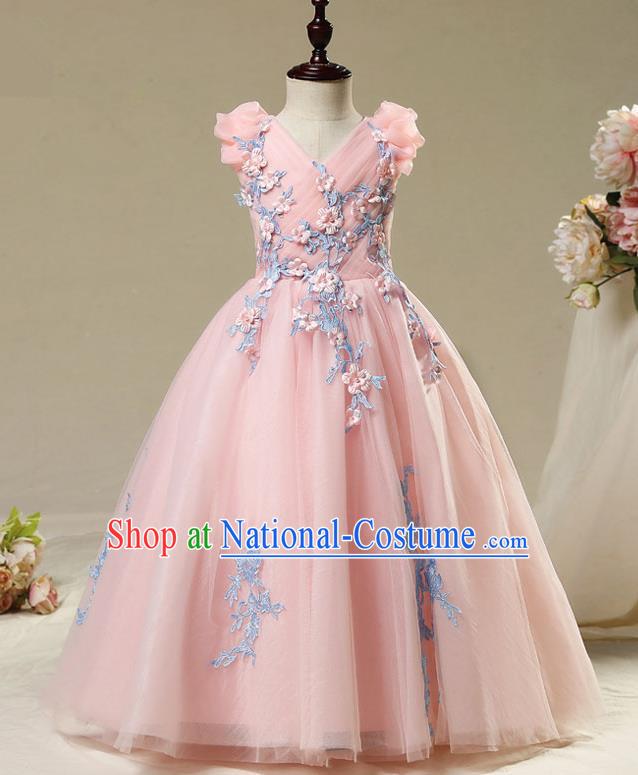 Children Christmas Model Show Dance Costume Embroidered Pink Veil Dress, Ceremonial Occasions Catwalks Princess Full Dress for Girls