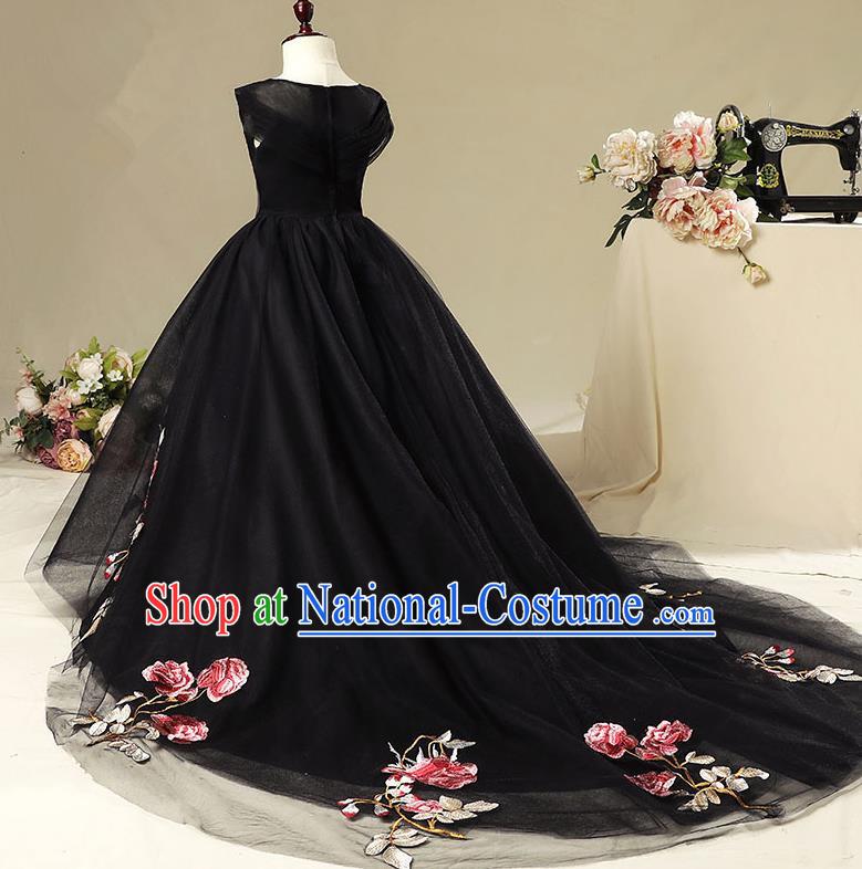 Children Christmas Model Show Dance Costume Embroidered Black Trailing Dress, Ceremonial Occasions Catwalks Princess Full Dress for Girls