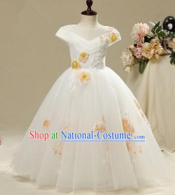 Children Christmas Model Show Dance Costume Embroidered White Dress, Ceremonial Occasions Catwalks Princess Full Dress for Girls