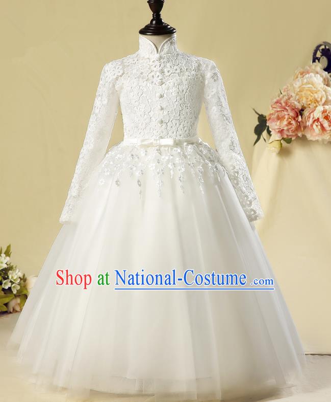 Children Christmas Model Show Dance Costume White Lace Dress, Ceremonial Occasions Catwalks Princess Full Dress for Girls