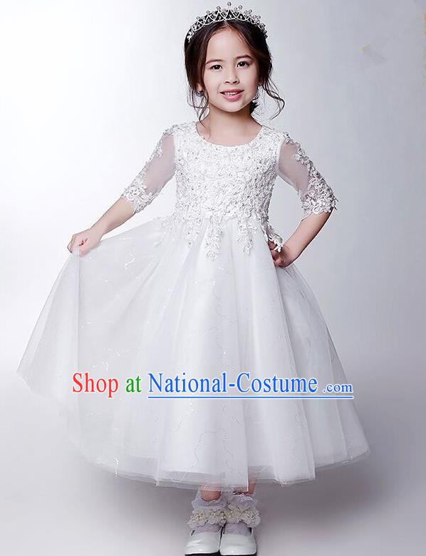 Children Christmas Model Show Dance Costume White Beading Dress, Ceremonial Occasions Catwalks Princess Full Dress for Girls