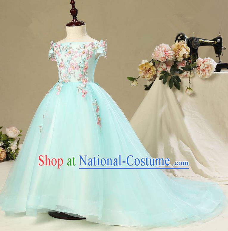 Children Christmas Model Show Dance Costume Embroidered Green Trailing Dress, Ceremonial Occasions Catwalks Princess Off Shoulder Full Dress for Girls