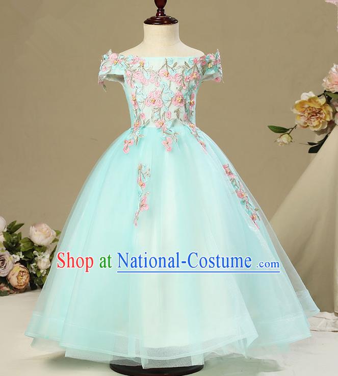 Children Christmas Model Show Dance Costume Embroidered Green Dress, Ceremonial Occasions Catwalks Princess Off Shoulder Full Dress for Girls