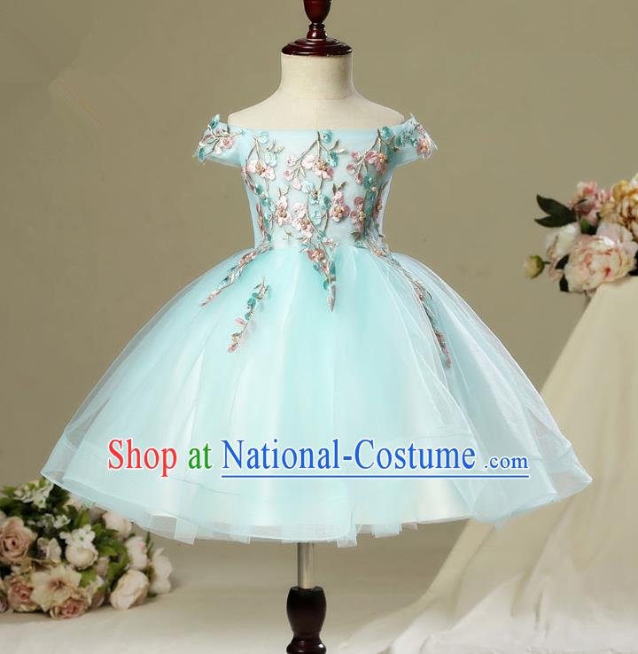 Children Christmas Model Show Dance Costume Embroidered Green Bubble Dress, Ceremonial Occasions Catwalks Princess Off Shoulder Full Dress for Girls