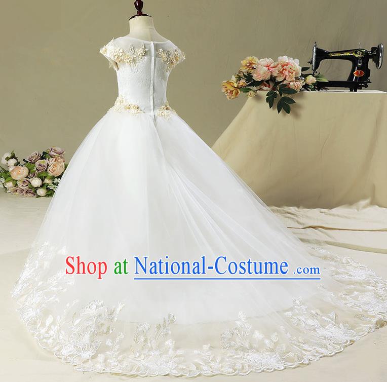 Children Christmas Model Show Dance Costume White Trailing Dress, Ceremonial Occasions Catwalks Princess Full Dress for Girls