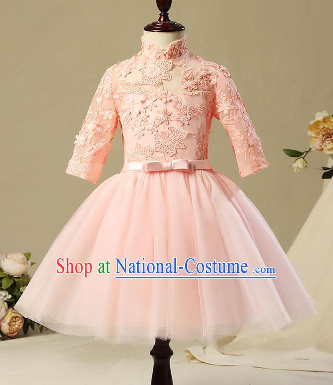 Children Model Show Dance Costume Pink Lace Short Dress, Ceremonial Occasions Catwalks Princess Full Dress for Girls