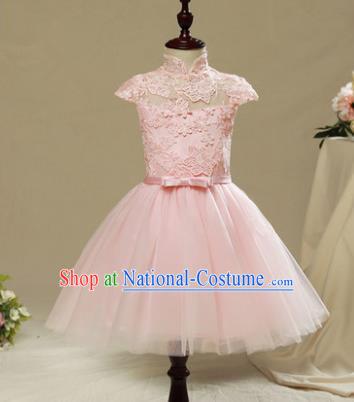 Children Model Show Dance Costume Pink Lace Short Sleeve Dress, Ceremonial Occasions Catwalks Princess Full Dress for Girls