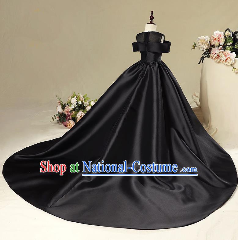 Children Model Show Dance Costume Black Satin Trailing Dress, Ceremonial Occasions Catwalks Princess Full Dress for Girls