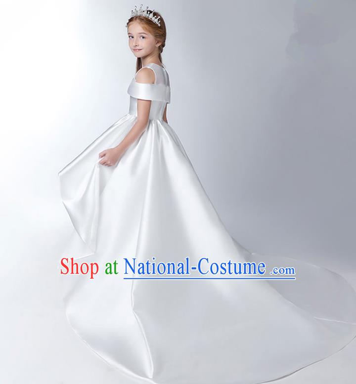 Children Model Show Dance Costume White Satin Trailing Dress, Ceremonial Occasions Catwalks Princess Full Dress for Girls