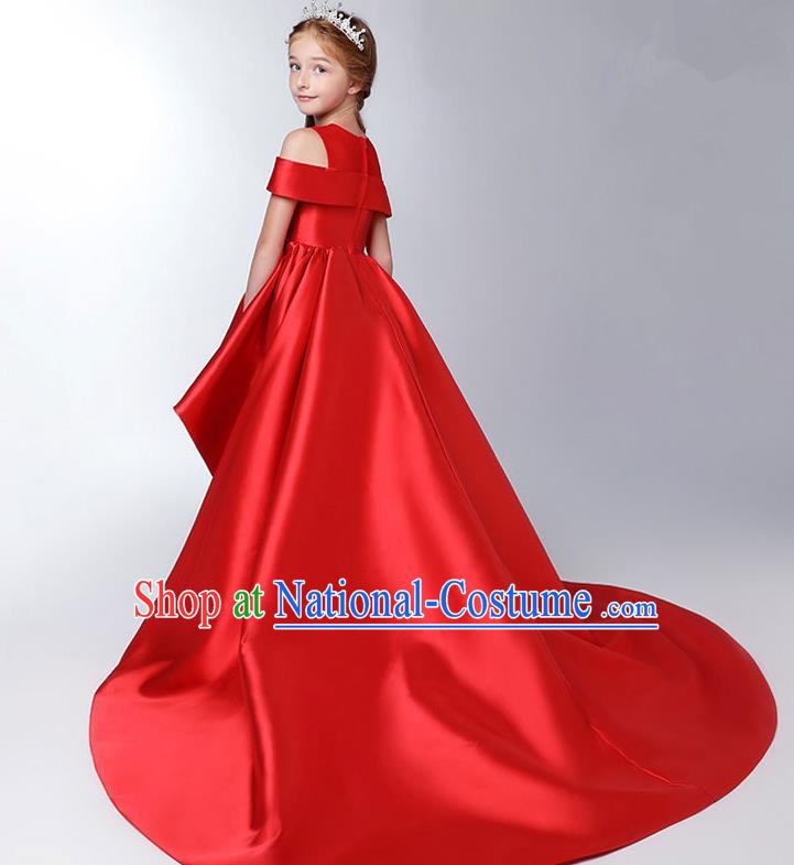 Children Model Show Dance Costume Red Satin Trailing Dress, Ceremonial Occasions Catwalks Princess Full Dress for Girls