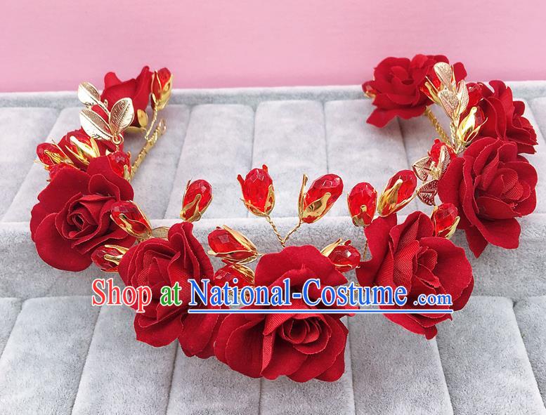 Handmade Children Hair Accessories Red Rose Royal Crown, Princess Halloween Model Show Hair Clasp Headwear for Kids