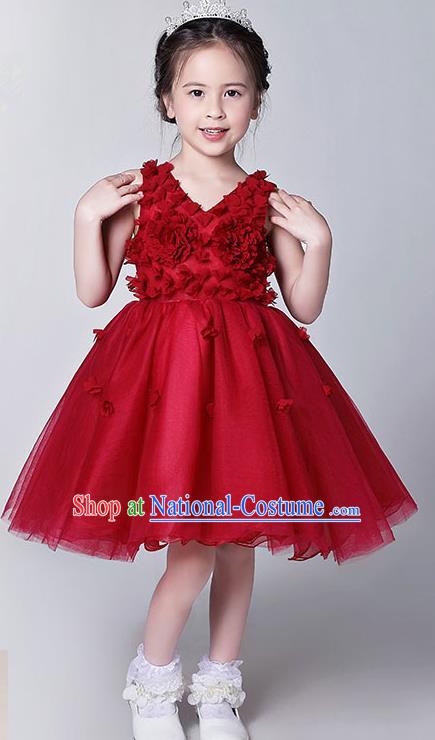 Children Model Show Dance Costume Red Veil Bubble Dress, Ceremonial Occasions Catwalks Princess Full Dress for Girls