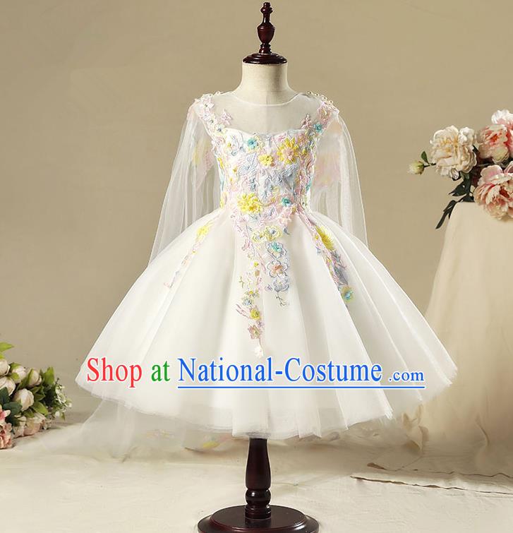 Children Model Show Dance Costume White Veil Bubble Full Dress, Ceremonial Occasions Catwalks Princess Dress for Girls