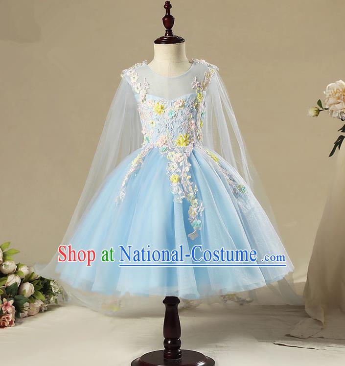 Children Model Show Dance Costume Blue Veil Bubble Full Dress, Ceremonial Occasions Catwalks Princess Dress for Girls