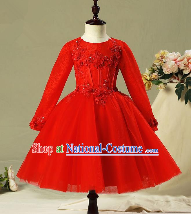 Children Model Show Dance Costume Red Veil Bubble Full Dress, Ceremonial Occasions Catwalks Princess Dress for Girls