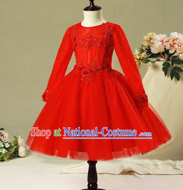 Top Compere Performance Catwalks Costume Children Chorus Red Dress with Wings Modern Dance Princess Short Red Bubble Dress for Girls Kids