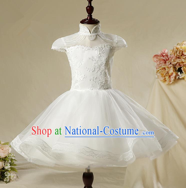 Children Model Show Dance Costume White Embroidery Full Dress, Ceremonial Occasions Catwalks Princess Bubble Dress for Girls