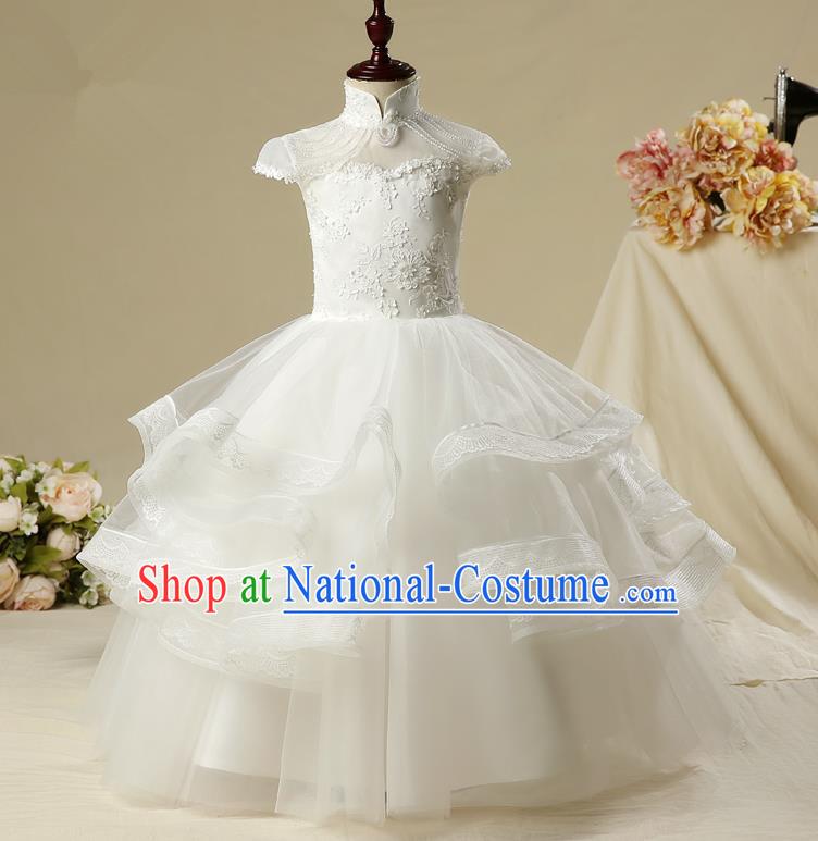 Children Model Show Dance Costume White Embroidery Full Dress, Ceremonial Occasions Catwalks Princess Long Dress for Girls