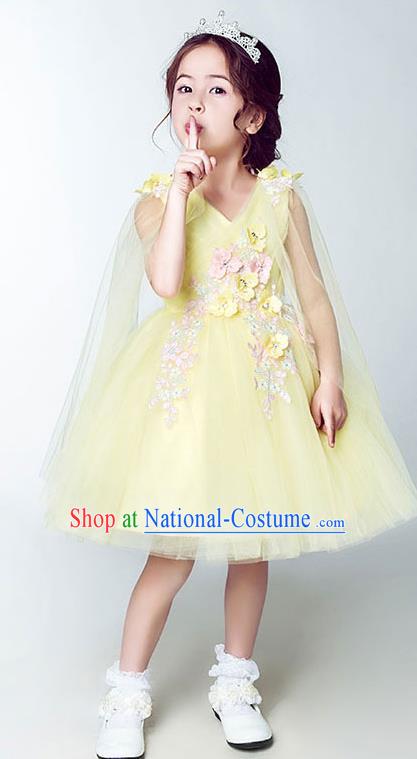 Children Model Show Dance Costume Yellow Short Full Dress, Ceremonial Occasions Catwalks Princess Embroidery Dress for Girls