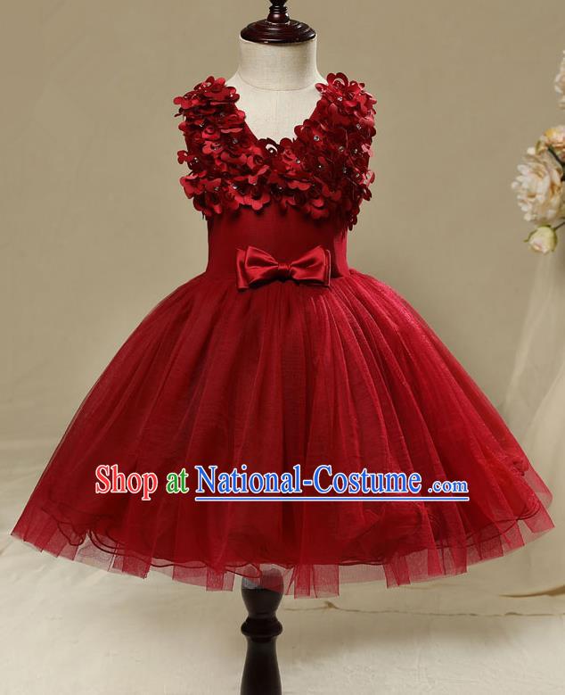 Children Model Show Dance Costume Red Short Full Dress, Ceremonial Occasions Catwalks Princess Embroidery Dress for Girls