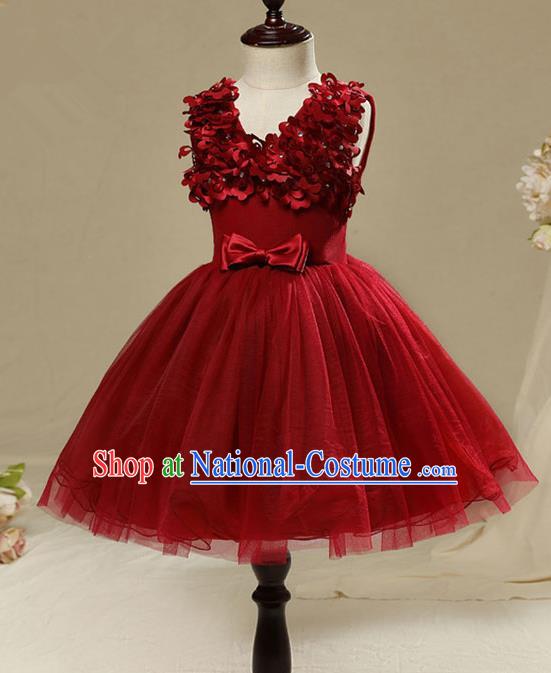 Top Compere Performance Catwalks Costume Children Chorus Red Dress with Wings Modern Dance Princess Short Red Bubble Dress for Girls Kids