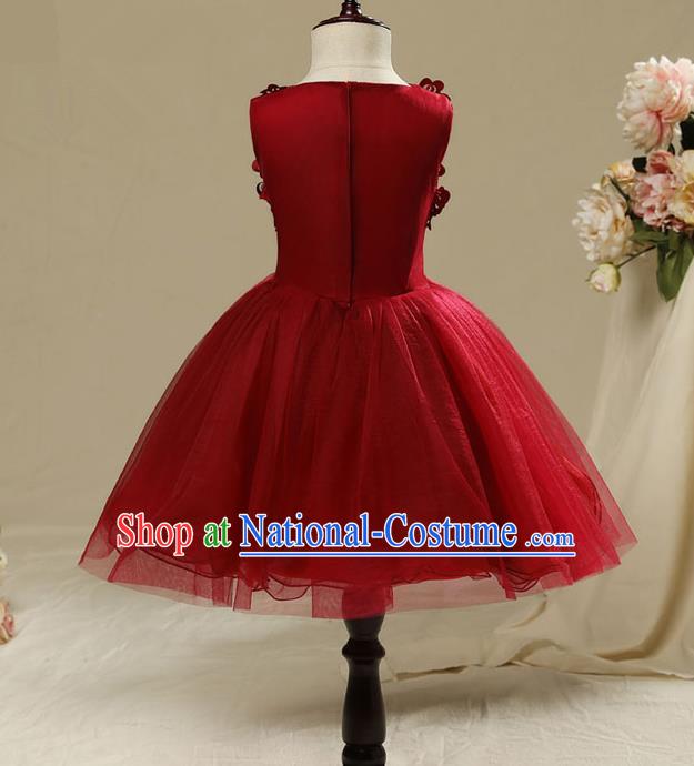 Top Compere Performance Catwalks Costume Children Chorus Red Dress with Wings Modern Dance Princess Short Red Bubble Dress for Girls Kids