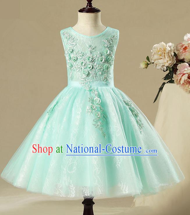 Children Model Show Dance Costume Green Short Full Dress, Ceremonial Occasions Catwalks Princess Embroidery Dress for Girls