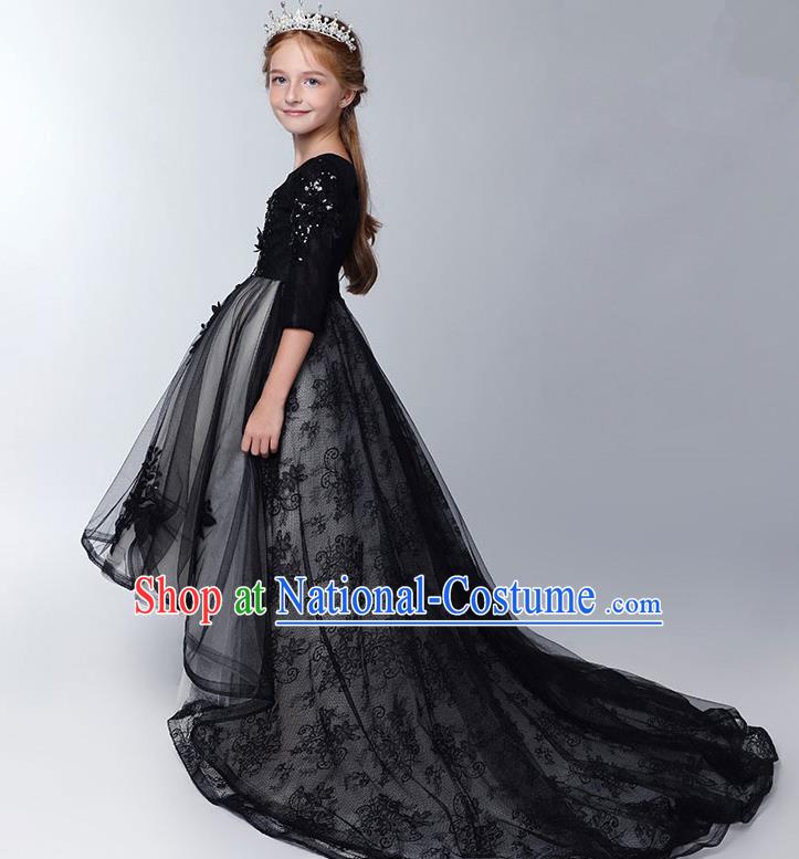 Children Model Show Dance Costume Black Lace Trailing Full Dress, Ceremonial Occasions Catwalks Princess Embroidery Dress for Girls