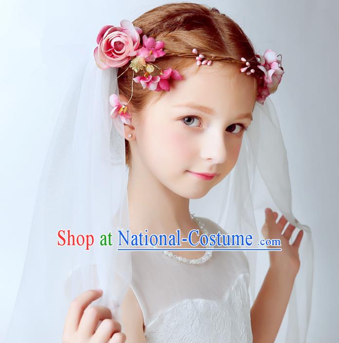 Handmade Children Hair Accessories Pink Flowers Hair Clasp, Princess Halloween Model Show Bridal Veil Headwear for Kids