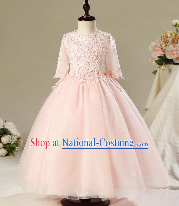 Children Model Dance Costume Compere Pink Lace Full Dress, Ceremonial Occasions Catwalks Princess Embroidery Dress for Girls