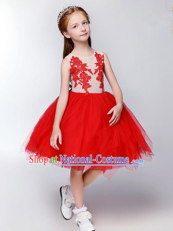 Top Compere Performance Catwalks Costume Children Chorus Red Dress with Wings Modern Dance Princess Short Red Bubble Dress for Girls Kids