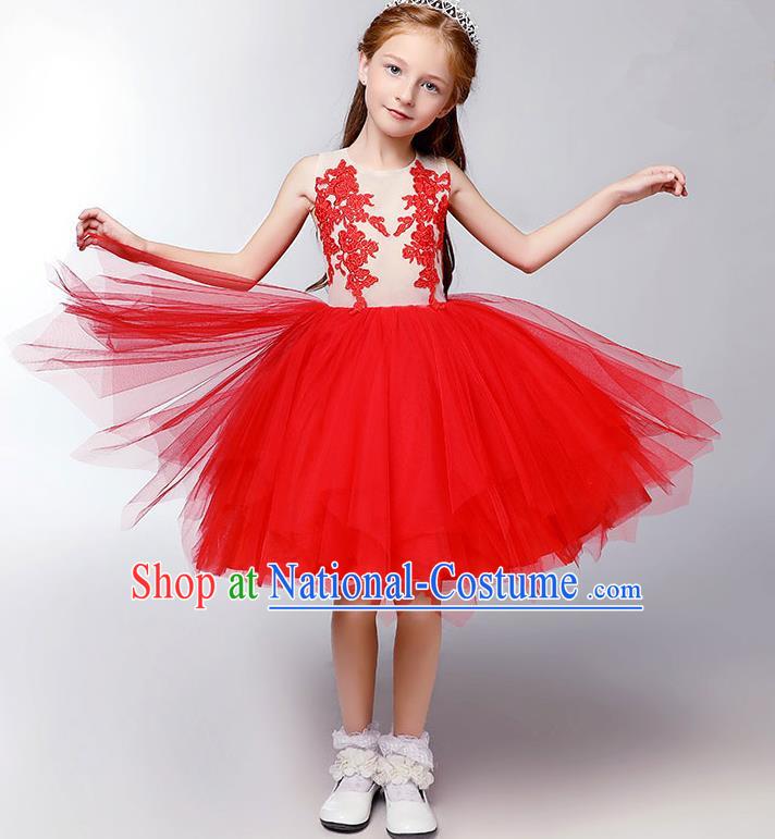 Top Compere Performance Catwalks Costume Children Chorus Red Dress with Wings Modern Dance Princess Short Red Bubble Dress for Girls Kids