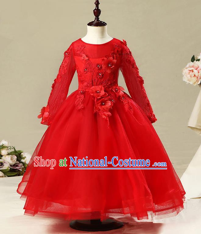 Children Model Dance Costume Compere Red Long Sleeve Full Dress, Ceremonial Occasions Catwalks Princess Embroidery Dress for Girls