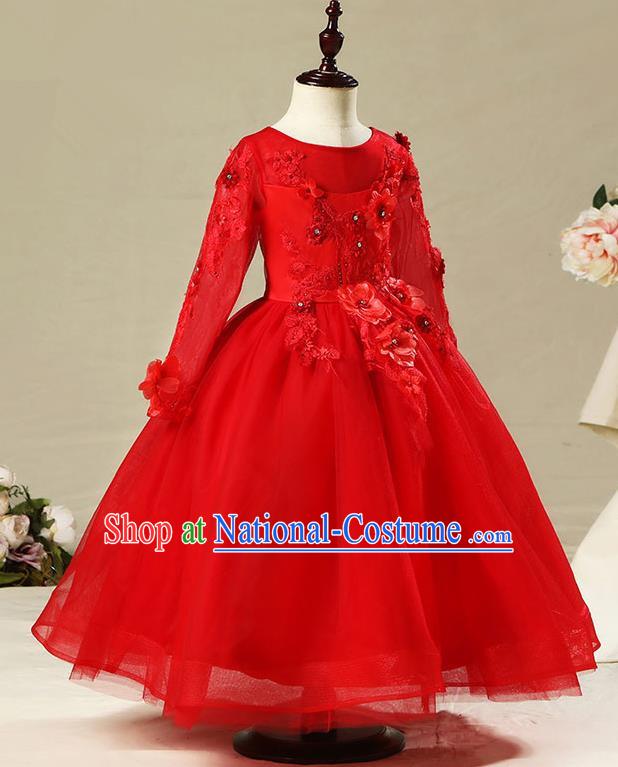 Top Compere Performance Catwalks Costume Children Chorus Red Dress with Wings Modern Dance Princess Short Red Bubble Dress for Girls Kids