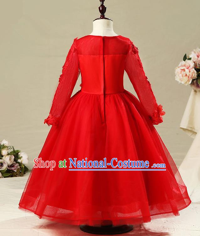 Top Compere Performance Catwalks Costume Children Chorus Red Dress with Wings Modern Dance Princess Short Red Bubble Dress for Girls Kids