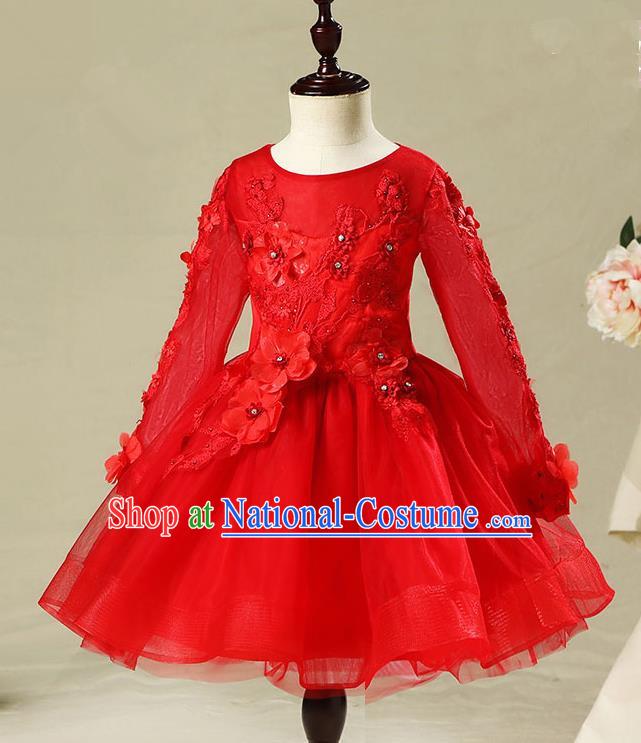 Children Model Dance Costume Compere Red Long Sleeve Bubble Full Dress, Ceremonial Occasions Catwalks Princess Embroidery Dress for Girls