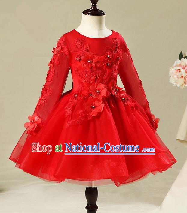 Top Compere Performance Catwalks Costume Children Chorus Red Dress with Wings Modern Dance Princess Short Red Bubble Dress for Girls Kids