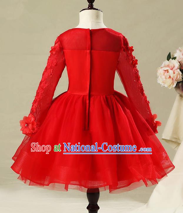 Top Compere Performance Catwalks Costume Children Chorus Red Dress with Wings Modern Dance Princess Short Red Bubble Dress for Girls Kids